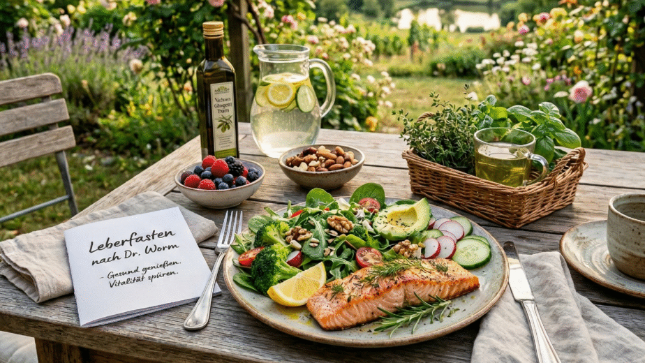 Auf einem Tisch stehen Salat mit grünem Gemüse und Zitrone, dazu Kräutertee und ein Heft mit „Leberfasten nach Dr. Worm“.