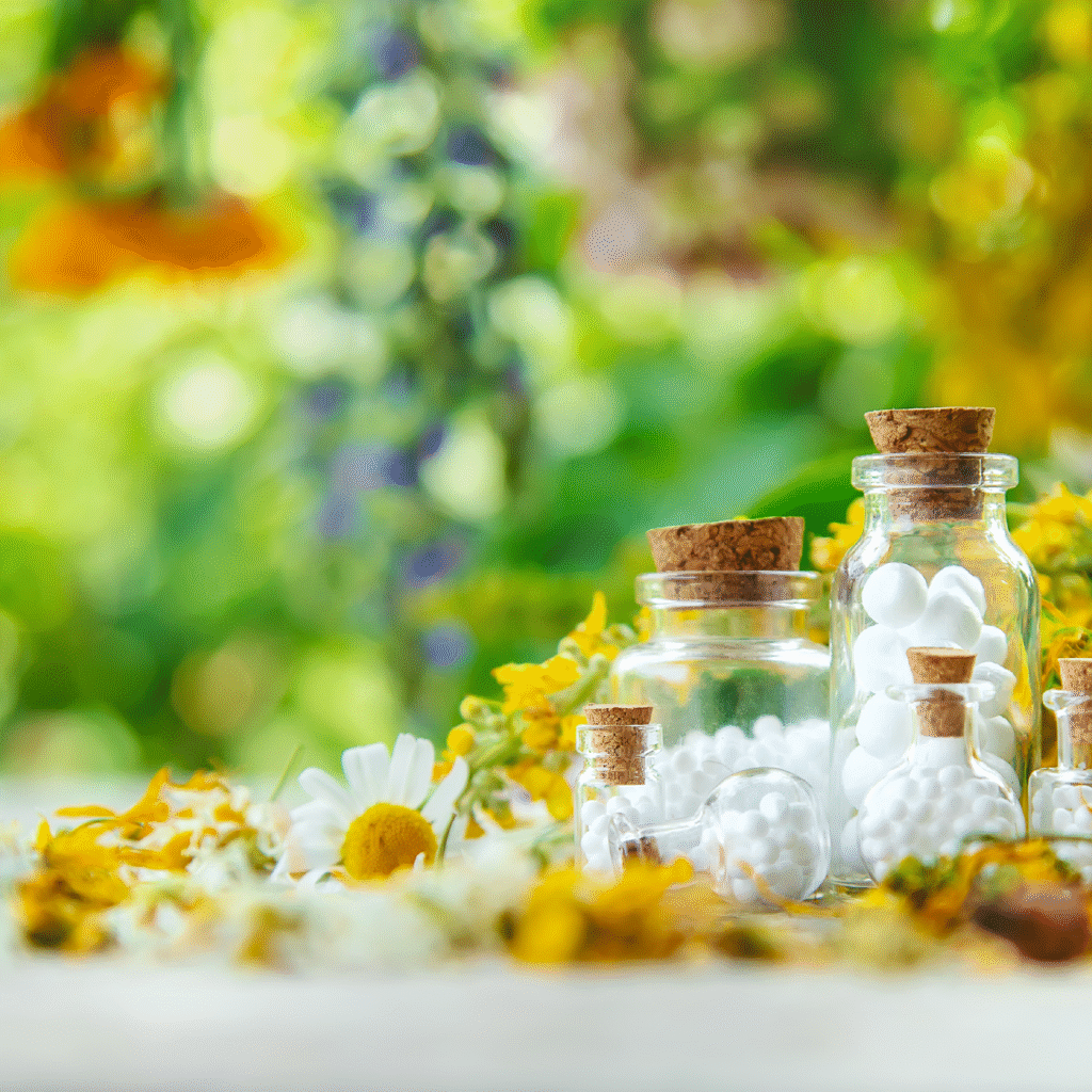 Gläserne Fläschchen mit Korken und weißen Globuli vor blühender Wiese in Grün- und Gelbtönen, unscharfer Hintergrund zur Homöopathie.