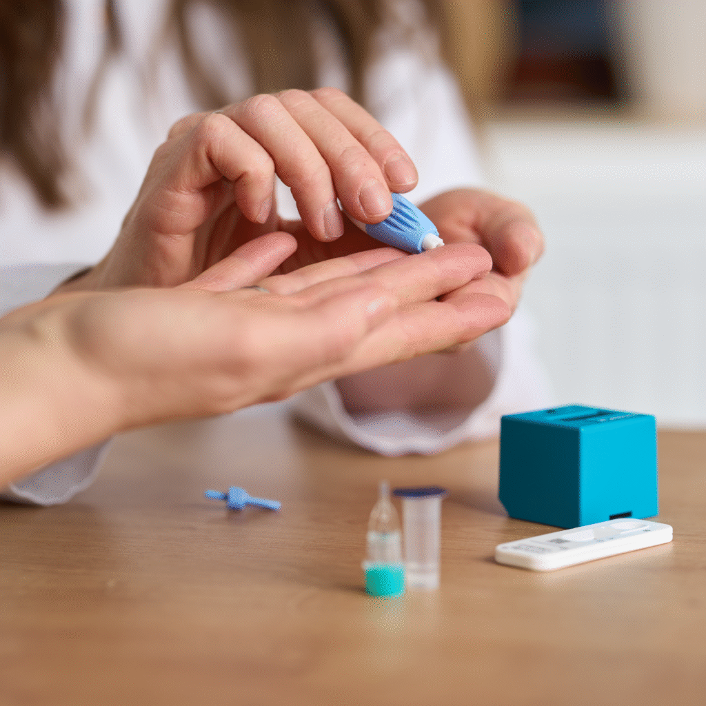 Bei einem Vitamin D-Check wird ein blauer Schnelltest vorbereitet: Hände halten die Testvorrichtung zur Fingerprobe, im Hintergrund liegt das Testmaterial.